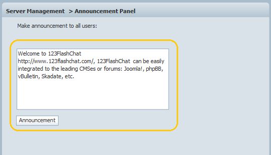 Announcement in Admin Panel of 123FlashChat, Flash Software, PHP Chat, HTML Chat